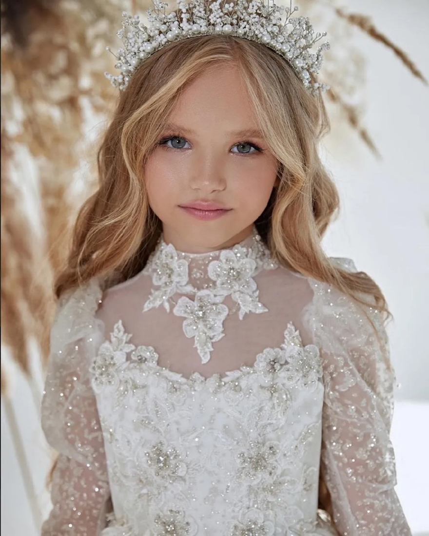 Sparkle Lace Flower Girl Dress Bows Childrens First Communion Dress Princess Tulle Ball Gown Wedding Party Dress