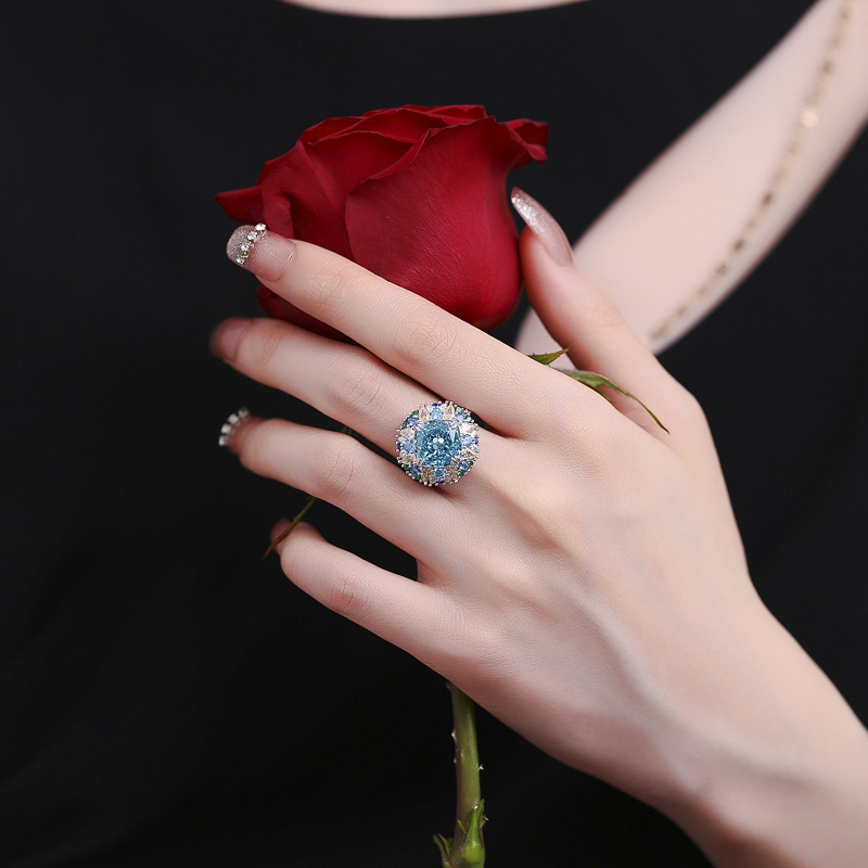 S925 Sterling Silver Sea Blue High Carbon Diamond Ring, Adjustable Open Band with Multicolored Gemstone Inlay, Fashionable Diamond Ring for Elegant Wo