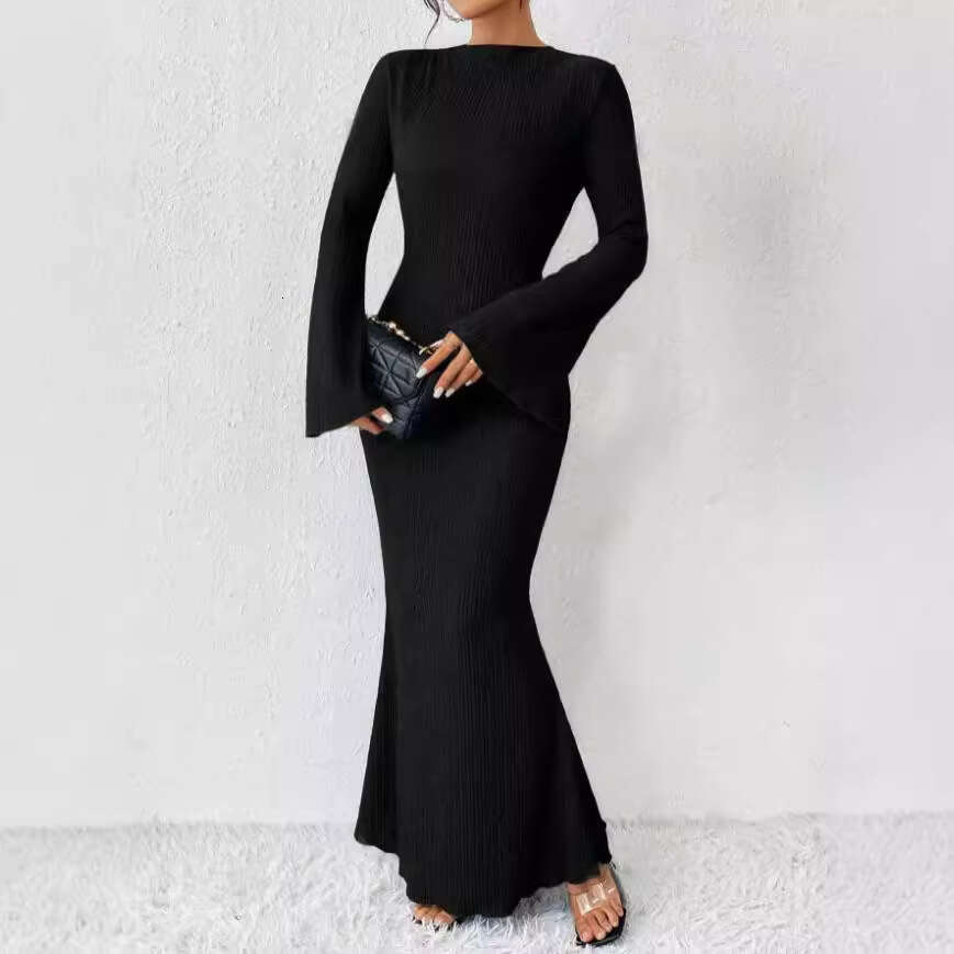 Halter Whit Maxi Dresses New Autumn And Winter Style Women S Fashionable Round Neck Long Sleeved Slim Fit Hip Hugging Dress Prom Sexy Dress