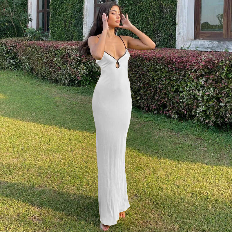Halter Whit Maxi Dresses Women S Spring New Solid Color Sexy Strap Tie Back Long Skirt Slimming Dress For Women Prom Sexy Dress