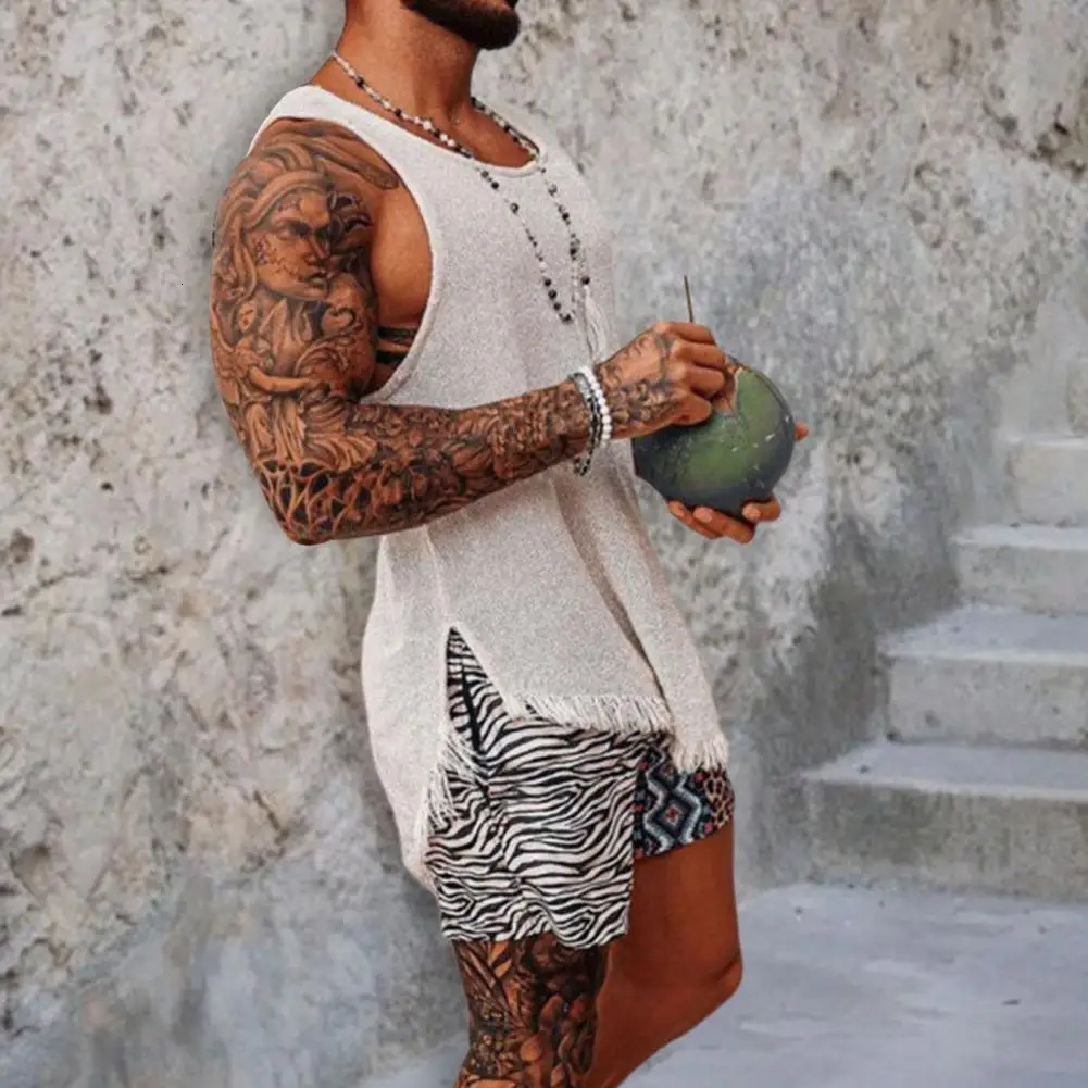 Men Tank Top Solid Color Sleeveless O Neck Knitted Summer Ripped Split T-shirt Men Vest Daily Clothes Mens Clothing 250519CJ