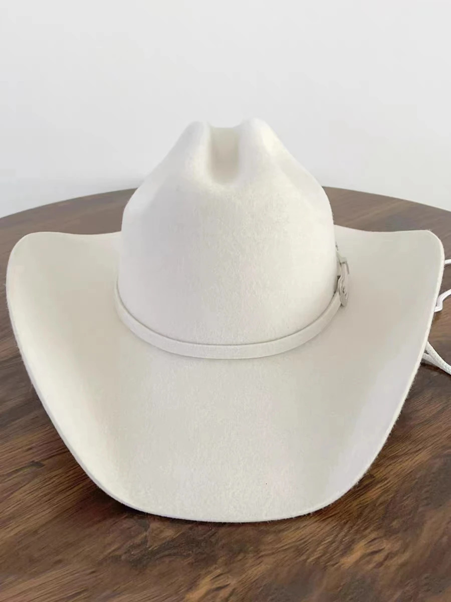 White 100% Wool Denim Hat Womens and Mens Outdoor Fedora Jazz Hat Riding Horse Hat Fashion Western Cowboy Hat Belt Accessories 250522
