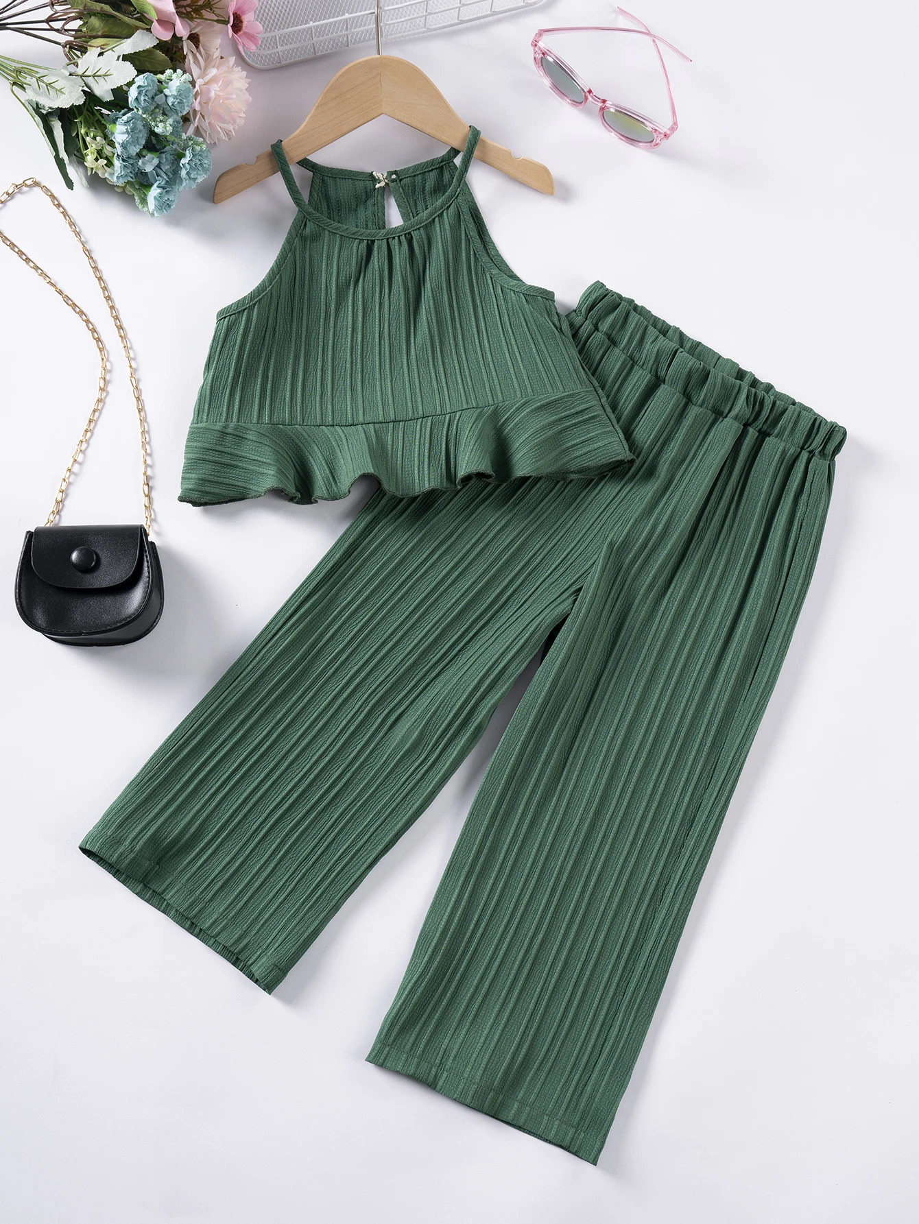 Girls Summer Beach Vacation Outfit Flattering Halter Cami Top with Ruched Detail Flowy Wide Leg Pants Chic Clothes Sets 250517z