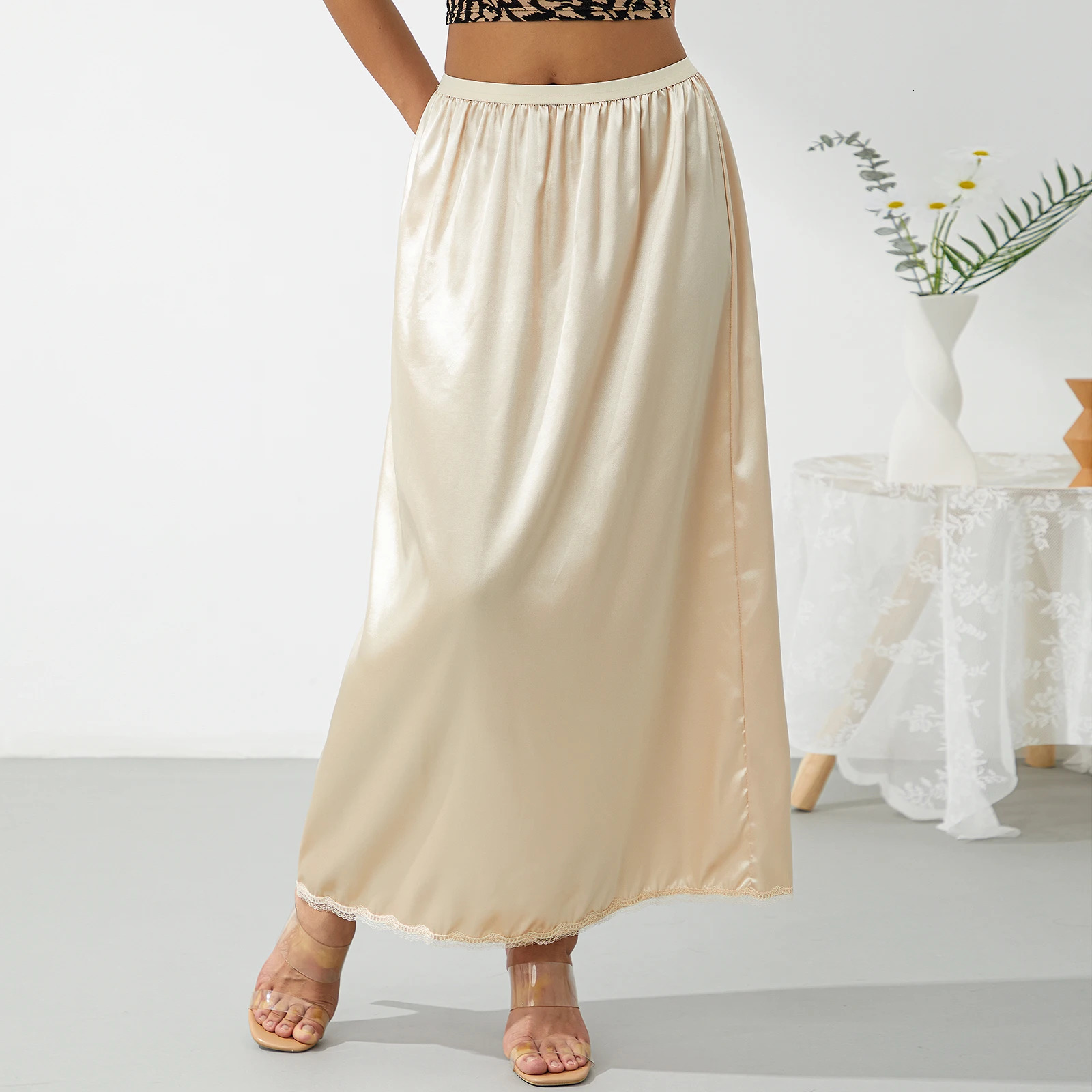 Elastic Waist Inner Lining Midi Skirt Women Solid Color Satin Half Slip Underskirt Long for Ladies WhiteBlackYellow 250513Z