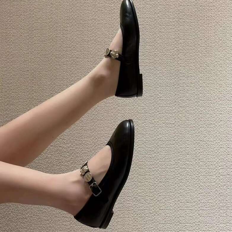 Fragrant Metal Camellia Ballet Style Soft soled Single Women's Spring Gold Buckle Mary Jane Flat Small Leather Shoes