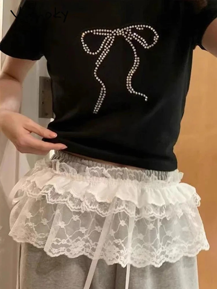 2025 Spring Summer Women Y2K Korean Lace Mini Layered Skirt Streetwear Up Ruffles Harajuku High Waist Pleated Ladies Skirts 250513Z