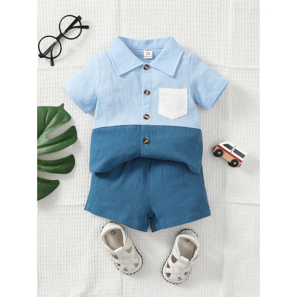 03Years Toddler Baby Boy Blue Color Matching Short Sleeved Shorts 2PCS Set Fashion Handsome Leisure Style Birthday Party Outfit 250517z