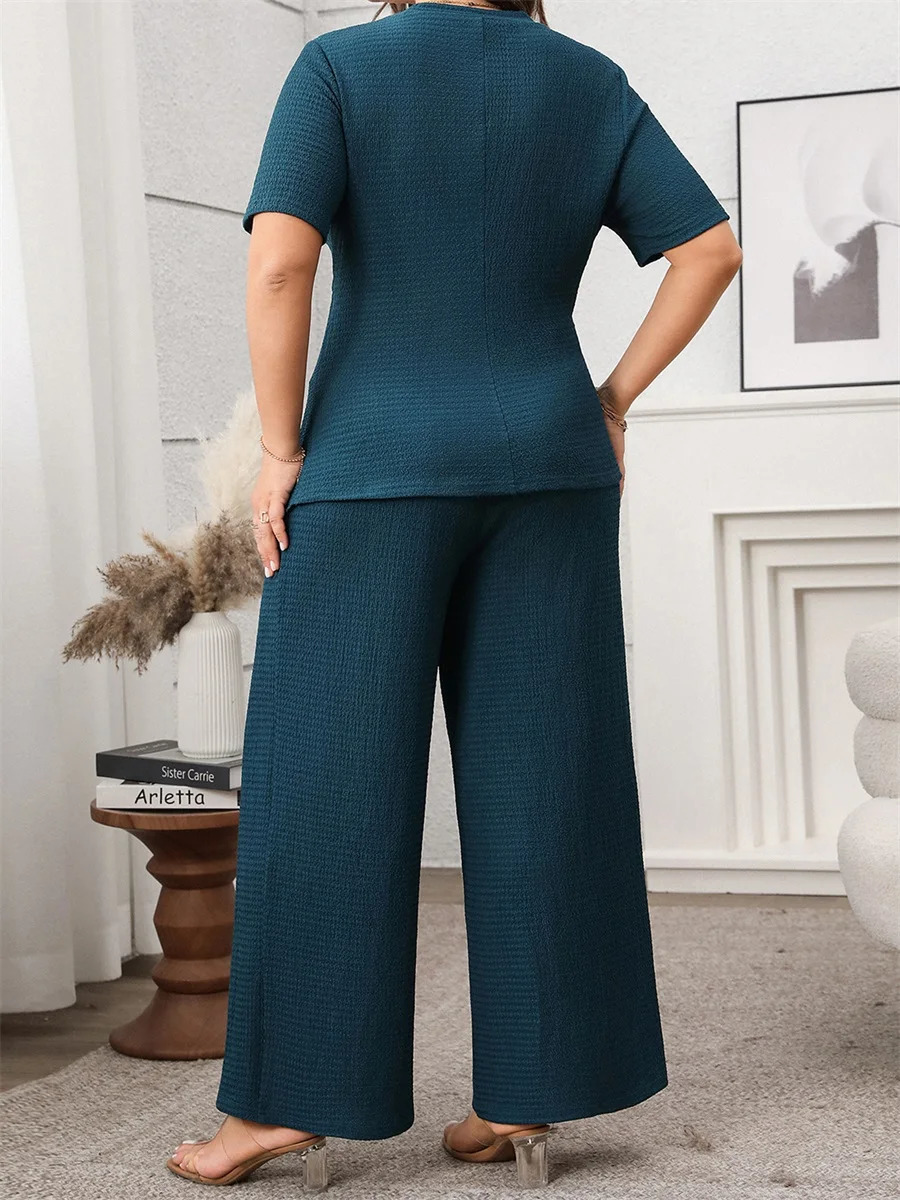 Women Plus Size Outfits Summer 4XL Fat Girl Casual Solid Color Irregular TShirts and Elastic Wide Leg Pants Set Streetwear 250516Z