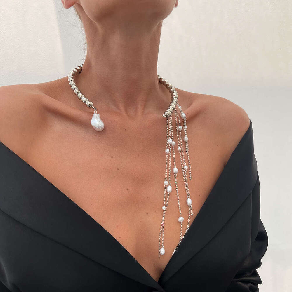 Layered Cross Pendant Necklace with Pearl Tassel Accents Modern Minimalist Collarbone Chain for Stackable Jewelry Looks