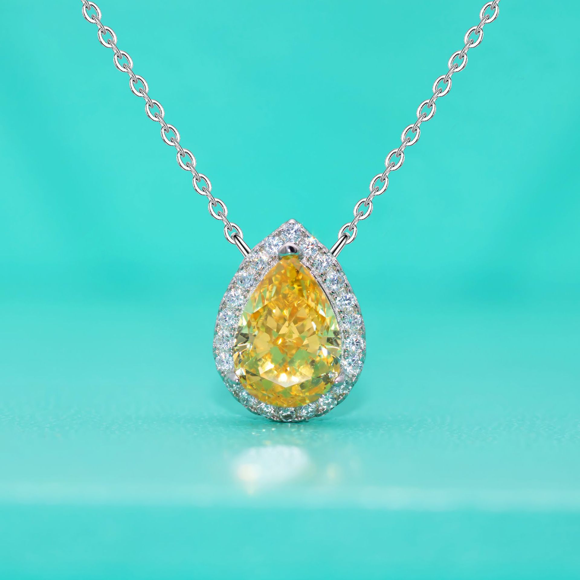 Teardrop Yellow Diamond Necklace, S925 Sterling Silver High Carbon Diamond Pendant, Minimalist Elegant Design, Fashionable Women's Clavicle Chain