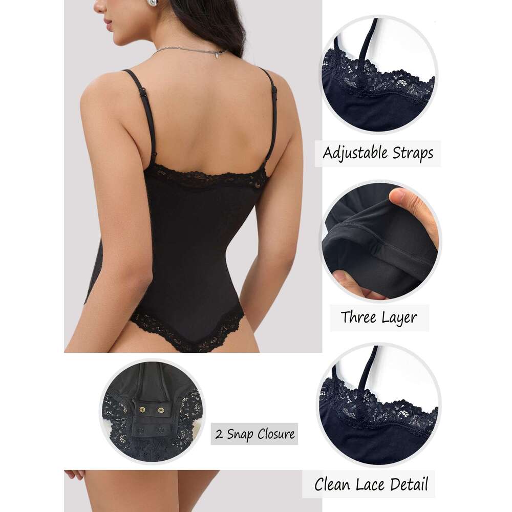 DHEssentials Lace Body Suit Square Neck Tops Sleeveless Spaghetti Strap Tank Top Bodysuits for Women Sexy Jumpsuit