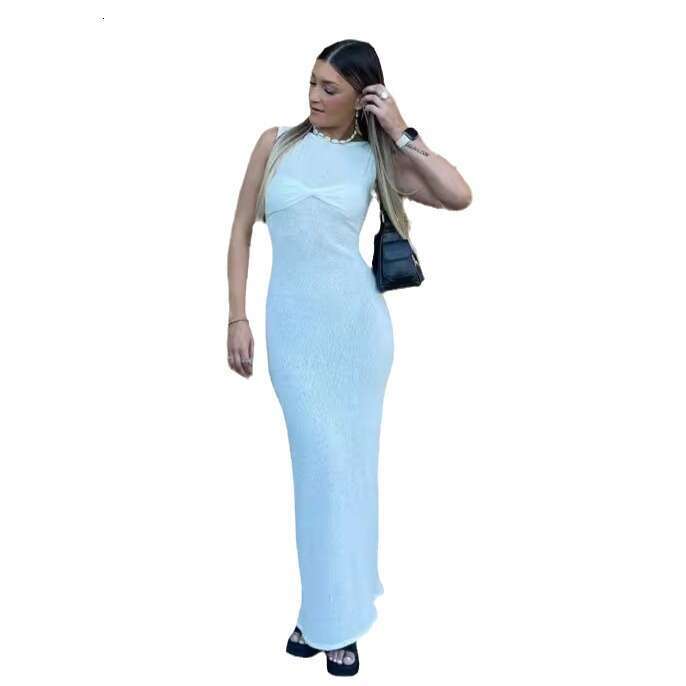Halter Whit Maxi Dresses Sleeveless Tight Fitting Long Skirt Round Neck Knitted Solid Color Beach Summer Dress Women S Clothing Prom Sexy Dress