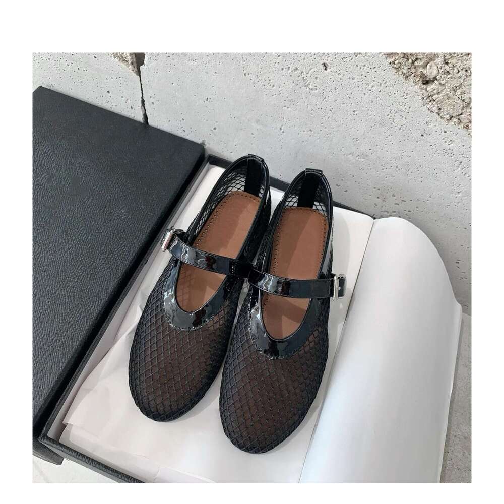 2024 Mesh strap shallow mouth fishing net sandals round toe Mary Jane flat sole single shoe ballet women's shoes
