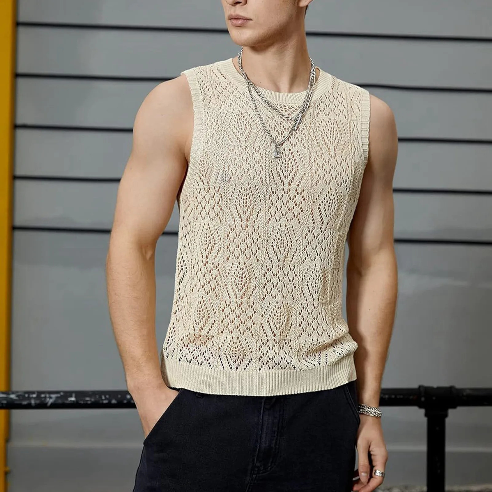 Beach Tops For Men MenS Knitted Hollowed Out Vest Crew Neck Sleeveless Male Clothes With s Camiseta Sin Mangas Hombre 250519CJ