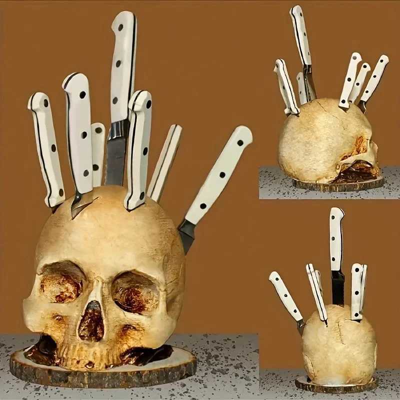Skull Knife Holder Halloween Horror Kitchen Storage Head Rack Skeleton Knife and Fork Stand Desktop Ornaments Home Decoration Y250522