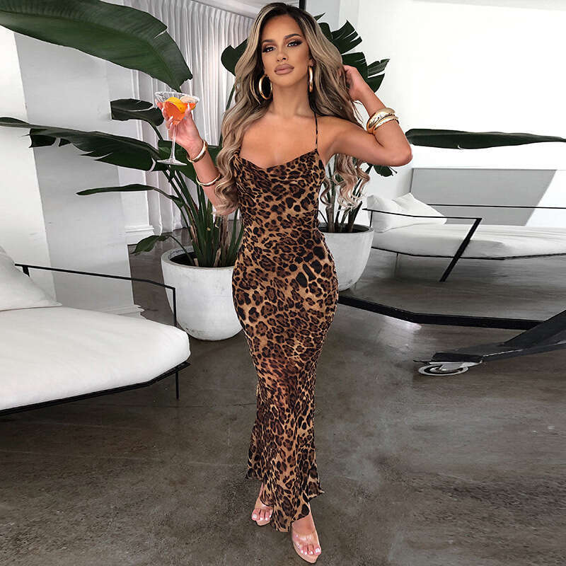 Halter Whit Maxi Dresses New Leopard Print Sexy Backless Lace Up Slim Fit Long Dress Prom Sexy Dress