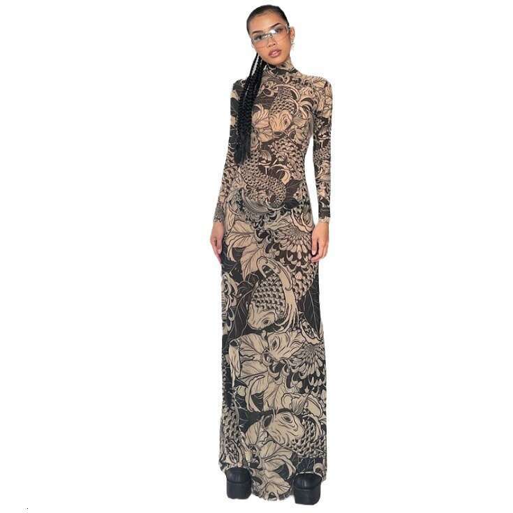 Halter Whit Maxi Dresses Slimming Slimming Printed Dress For Women Fashionable And Personalized Perspective High Neck Mesh Long Skirt Prom Sexy Dress