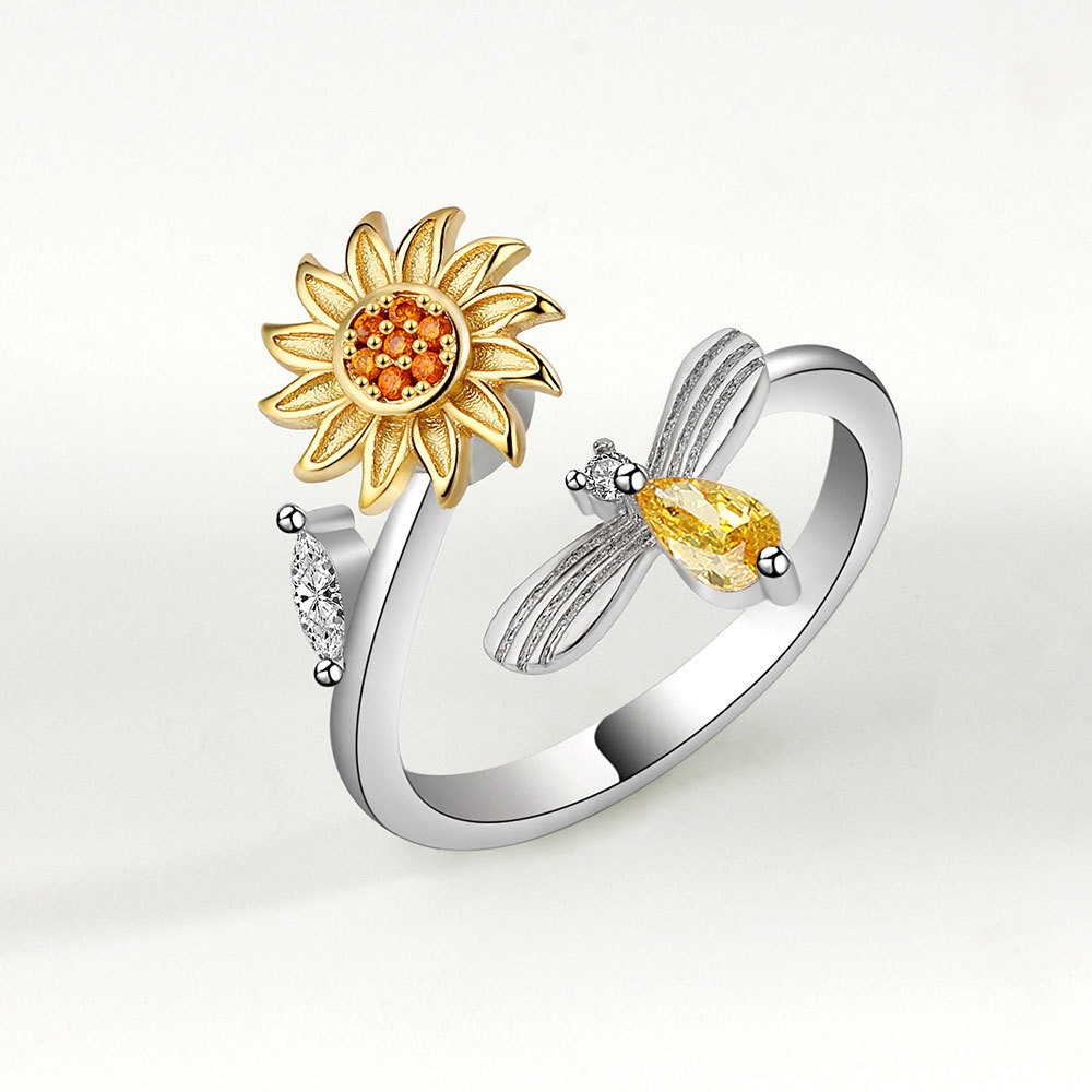 sterling silver sunflower rotating with diamond inlay, simple and versatile, popular compression resistant ring