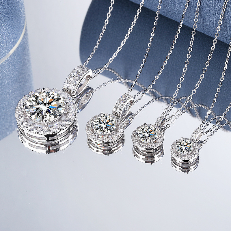 S925 Sterling Silver Halo Moissanite Necklace, Large Round Pendant, Luxury Jewelry for Women, Perfect Gift for Special Occasions