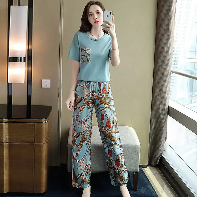 Women Casual Plus Size Clothing Suit 2025 Summer Fashion Large Korean Short Sleeve Top Wide Leg Pants 2 Two Piece Set Female 250513Z