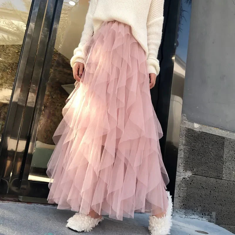 Womens Elastic High Waist Tulle Mesh Irregular Tutu Skirt Summer Girls Party Older Kid Girl Pleated Long Midi Skirts 250513Z