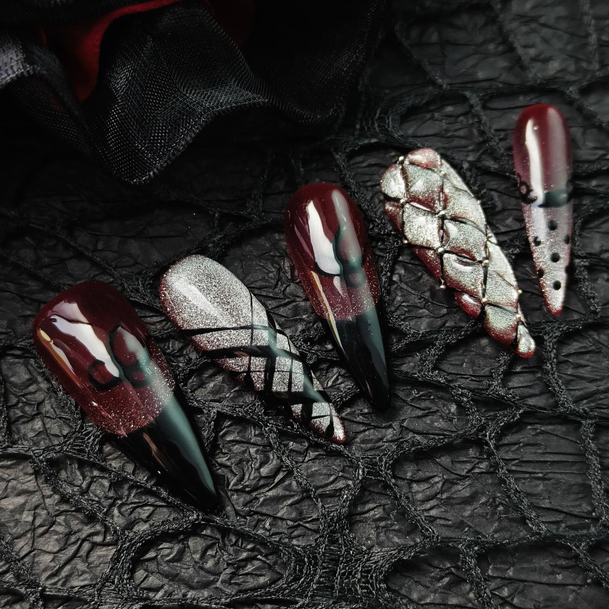 10pcs French Tip Handmade Press-on nails Long Stiletto Nails Handrawn 3D Fake nails Bundle Sexy Bow Cat Eye Finished nail stickers Free storage box je