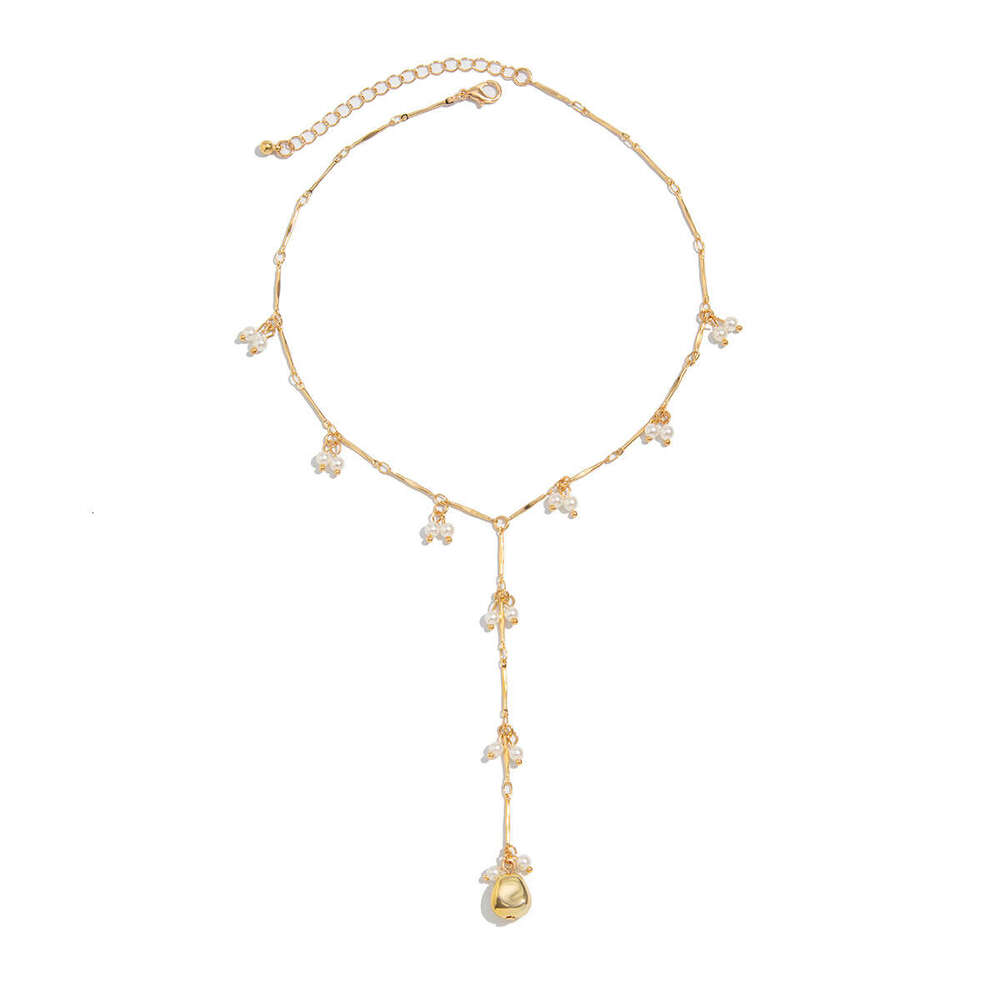 French Inspired Layered Pearl Necklace with Metallic Fringe Pendants Adjustable Bohemian Collarbone Chain Gold Alloy