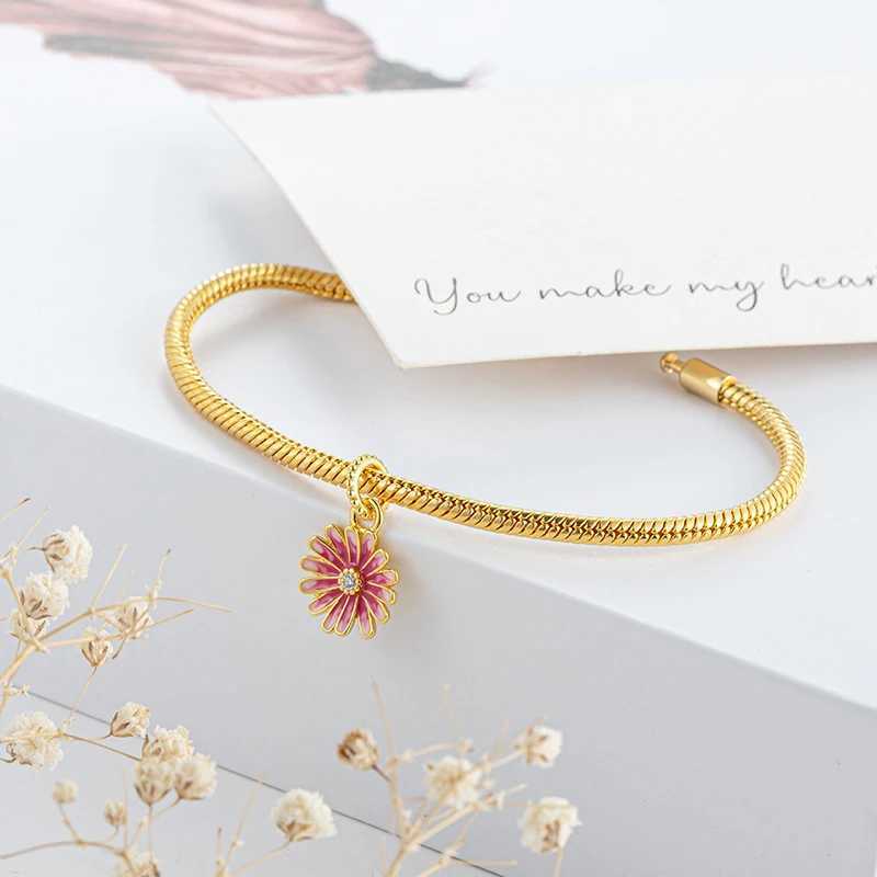 NEW Gold Plated Colourful Bead Jewelry Gift Pink Daisy Flower Cherry Blossom Charm Fit Original Silver 925 Europeans BraceletXJ250523