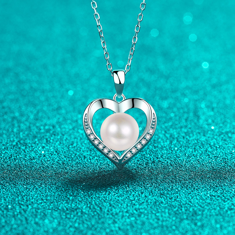 925 Sterling Silver Heart Necklace with Freshwater Pearl & Moissanite Stones, Elegant Gift for Women