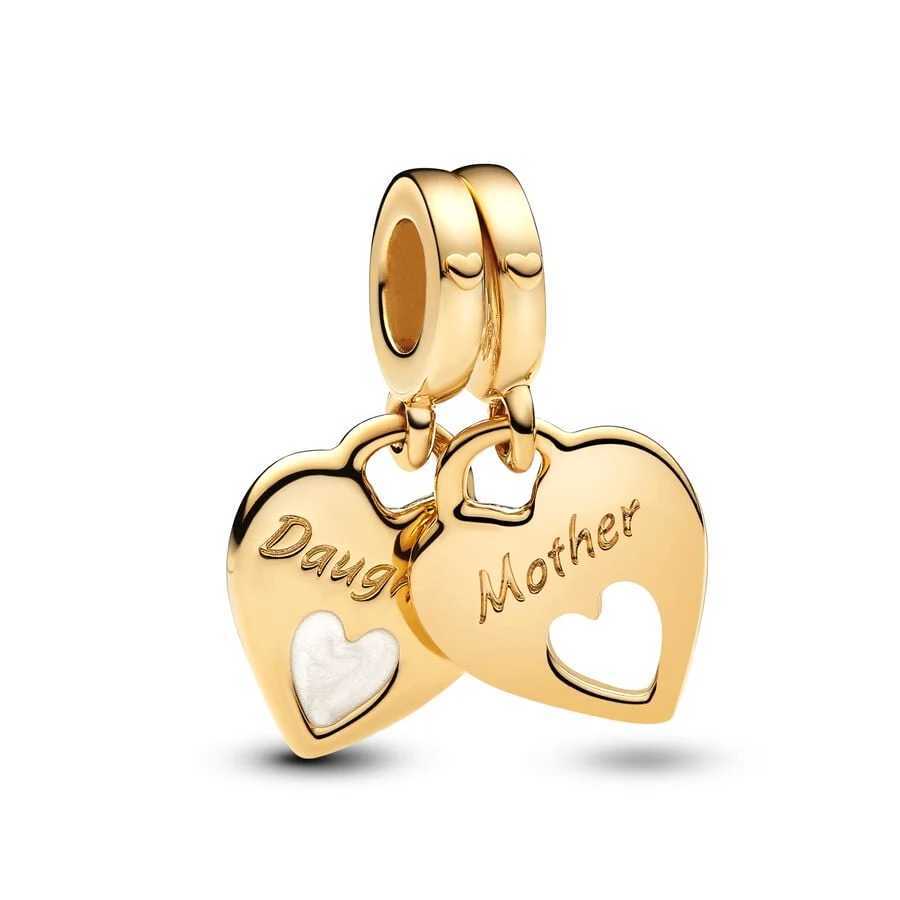 2025 NEW Sparking Gold Plated Charm Beads Fit Original 925 Silver Bracelet DIY Jewelry Gift Bow Double Heart Split Dangle XJ250523