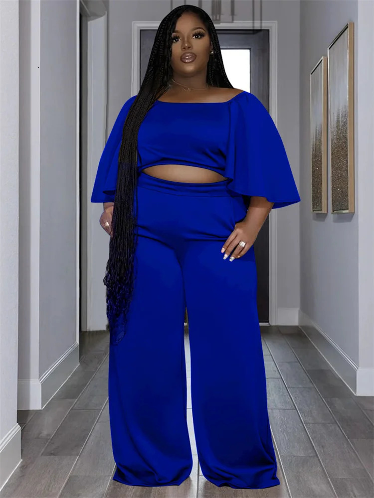 Wmstar Plus Size Two Piece Set Clothing Solid Off Shoulder Tops and Pants Wide Leg Matching Wholesale Dropshopping 250516Z