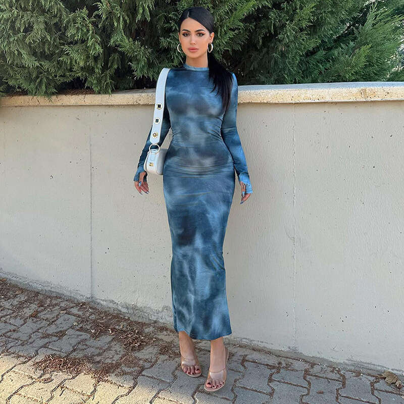 Halter Whit Maxi Dresses New Fish Tail Hem Round Neck Long Sleeved Slim Fit Spicy Girl Dress For Women Prom Sexy Dress
