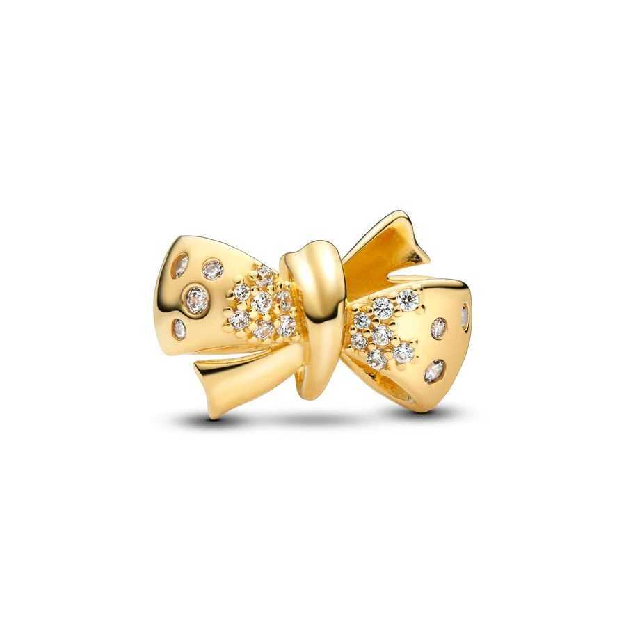 2025 NEW Sparking Gold Plated Charm Beads Fit Original 925 Silver Bracelet DIY Jewelry Gift Bow Double Heart Split Dangle XJ250523