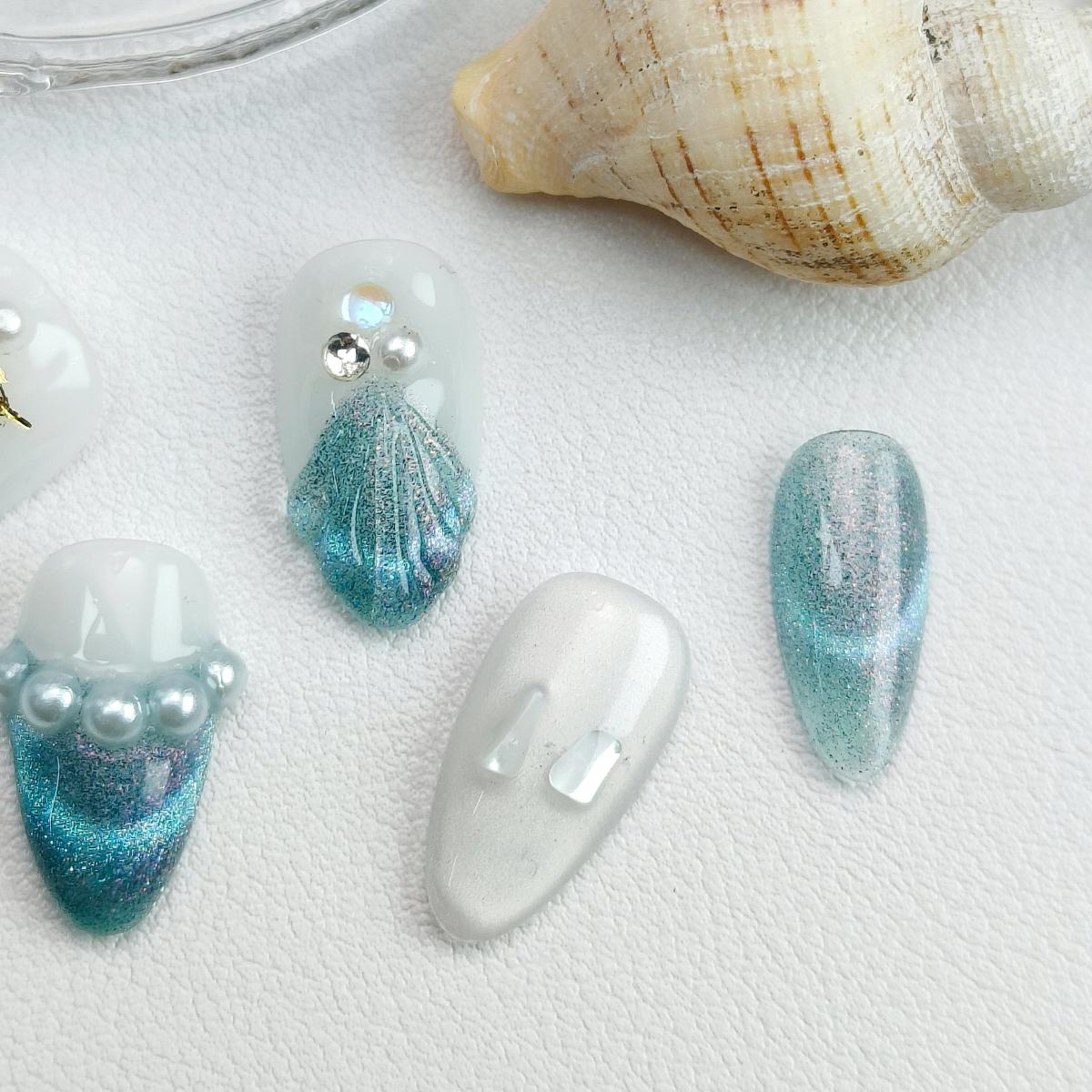 10pcs Mermaid Handmade Press-on nail Short Almond Nails Bundle 3D Hand drawn Sweet Pearl Cat Eye Finished nail stickers Free storage box jelly glue na