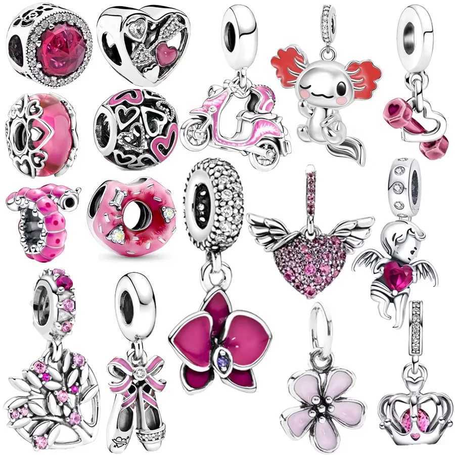 Pink Beads Angel Scooter Flower Ballerina Shoes Heart Dangle Charm Fit Original 925 Sterling Silver Pan Bracelet DIY JewelryXJ250523