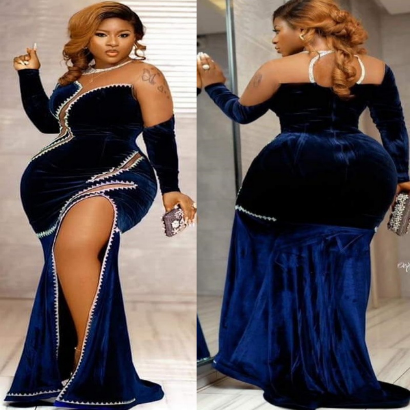 Navy Blue Mermaid Prom Dresses 2025 Velvet Lace Sheer Neck High Split Evening Formal Party Second Birthday Engagement Gowns Plus Size Dress For Specia