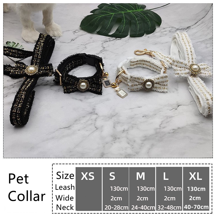 Luxury Princess Style Dog Collar and Leash Set, Unique Soft Handmade Dog Princess Collar with Luxury Bow Exquisite Charm Gold Metal Buckle for Pet Dog