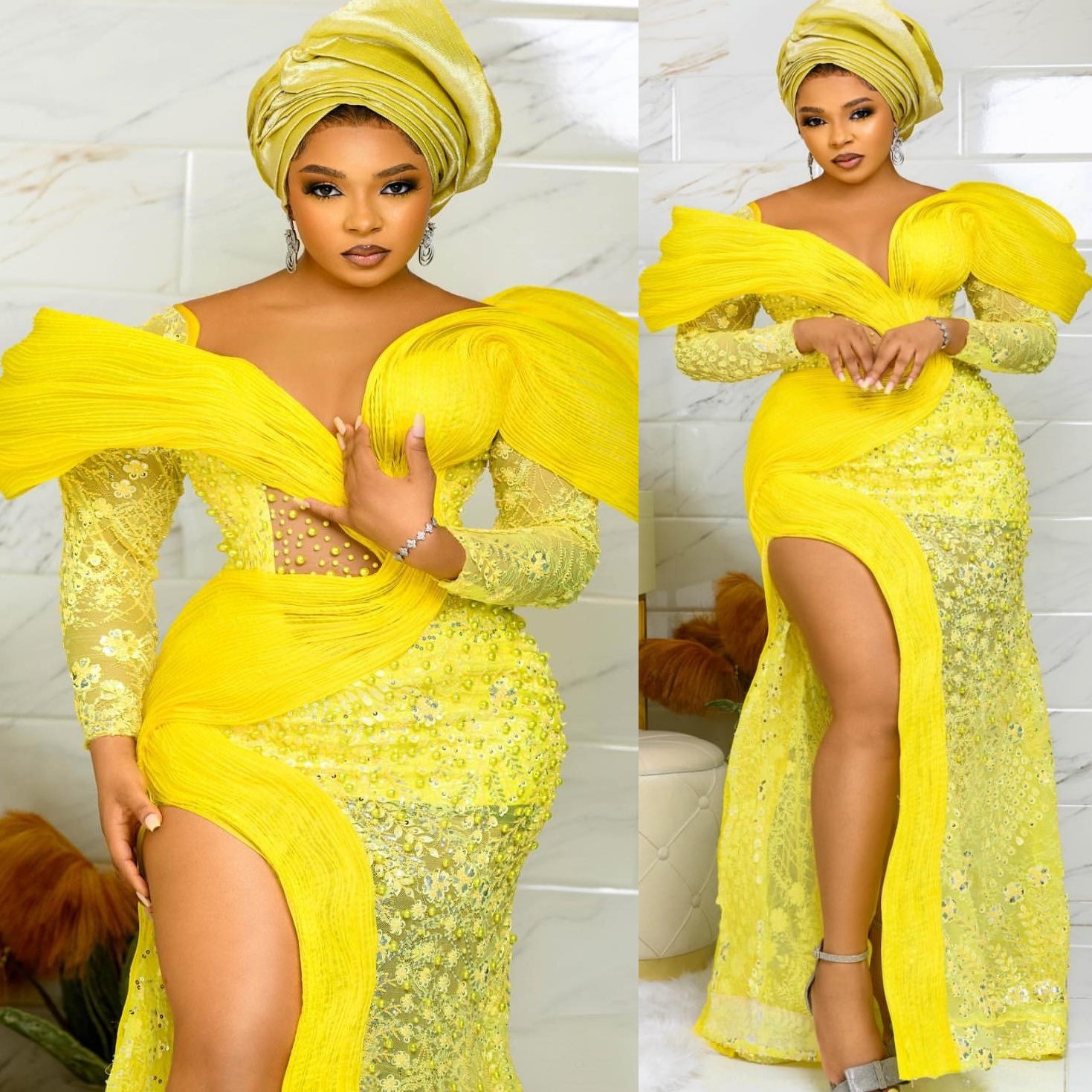 Yellow Mermaid Prom Dresses 2025 Pearls Lace High Split Vintage Evening Formal Party Second Birthday Engagement Gowns Plus Size Dress For Special Occa