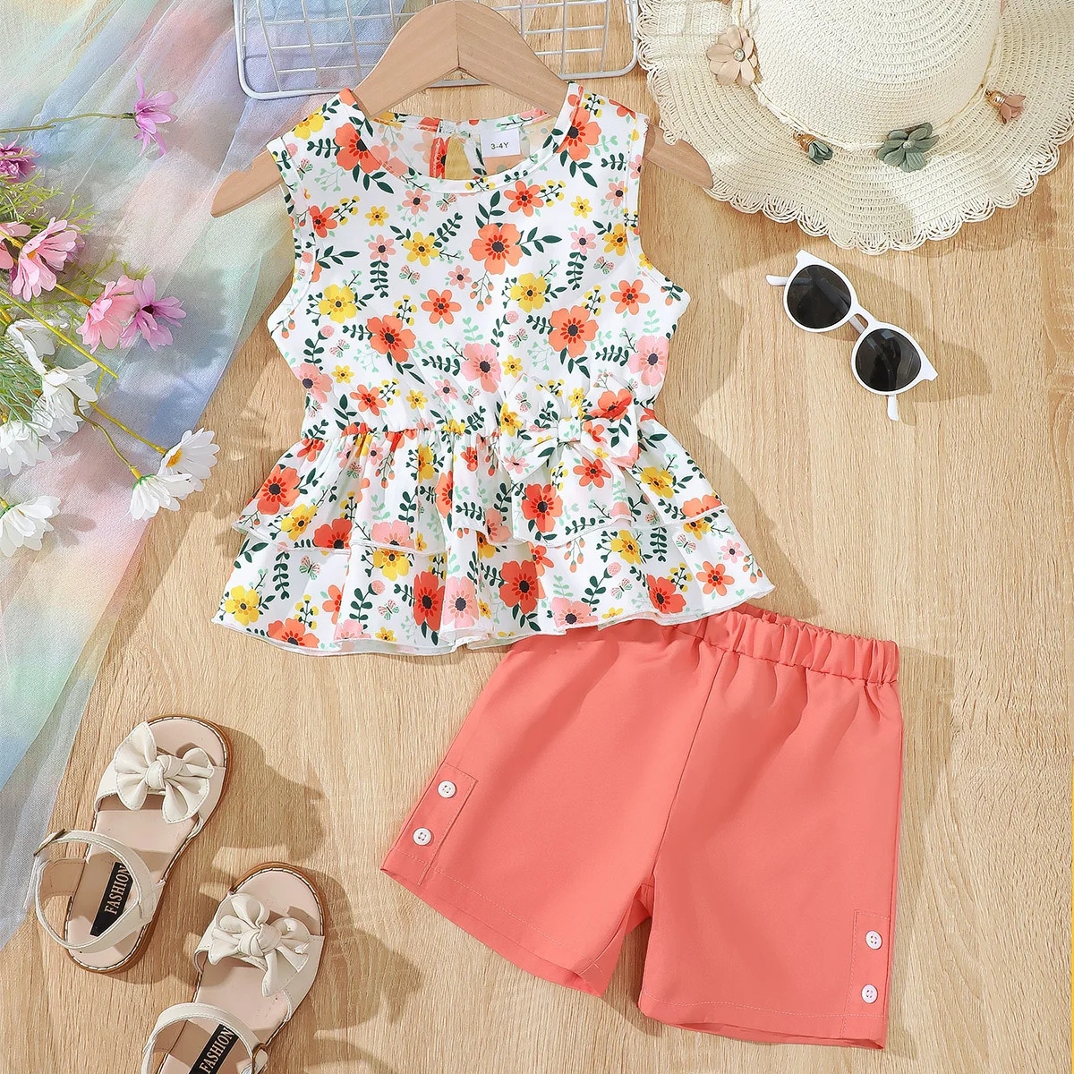 Childrens clothing Girls Summer Set Round Neck Small Floral Bow Sleeveless TopShorts 2PcsSet 47 Year Old Fashion 250517z