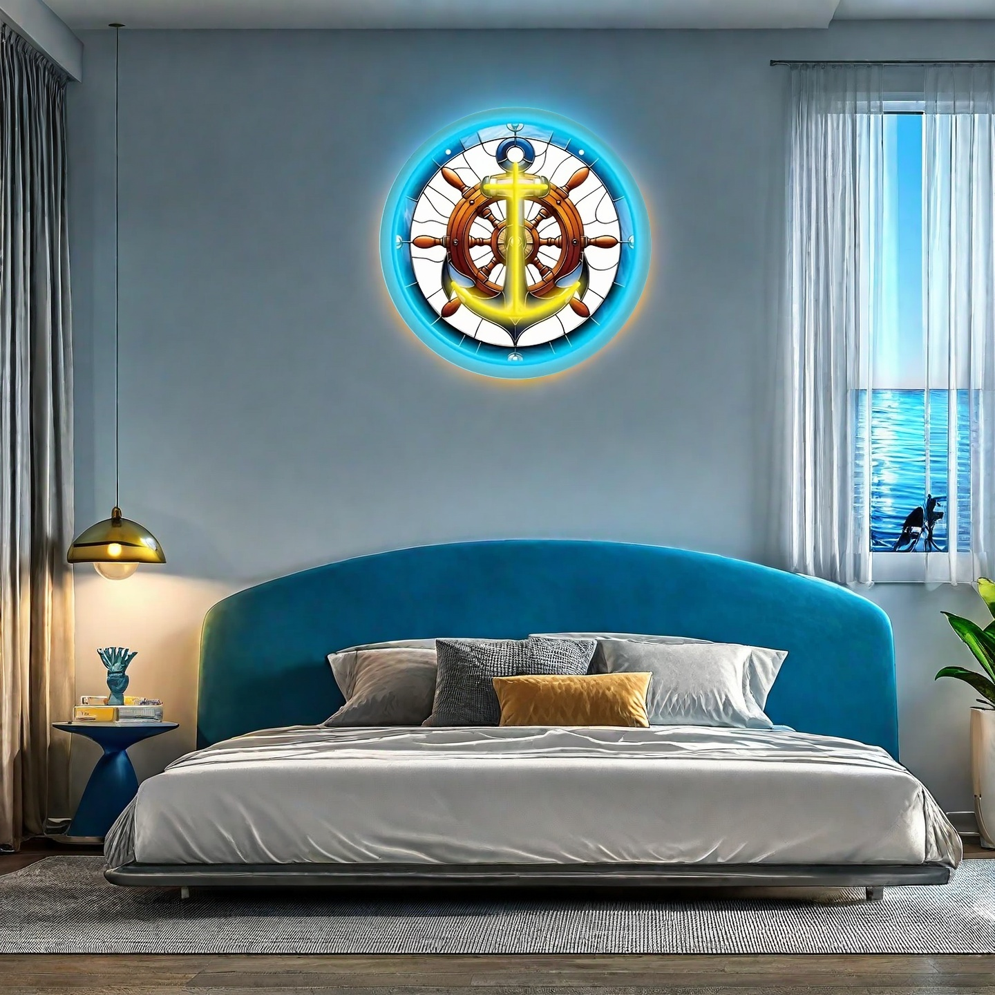 1pc Ocean Rudder LED Neon Light Wall Decor - USB-Powered Adjustable Brightness, UV Printed Underwater Theme with Nautical Wood Texture