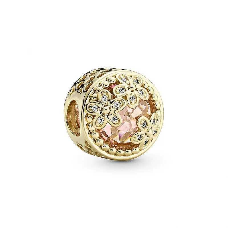New Plated Gold Bead Pink Daisy Flower Snowflake Pav Charm Bead DIY Jewelry Fit Original 925 Sterling Silver Bracelet XJ250523