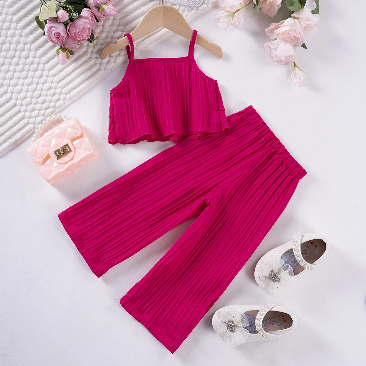 2024 Summer Selling Casual Fashion Set for Girls Solid Color Strap Pants Wave Stripe Style Daily Wear 250517z