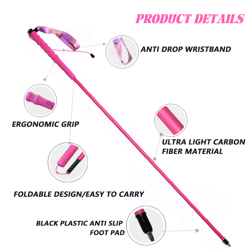 OKHEALING Hiking Pole Folding Telescopic Carbon Fiber Outer Lock Ultra-light Five-section Stick Off-road Pink Hiking Cane Walking Stick