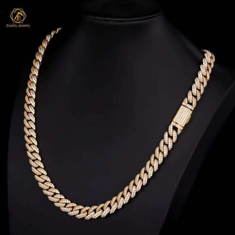 Sterling Sier Gold Plated Miami Link Lab Dia Moissanite Iced Out Cuban Chain Necklace Hip Hop Jewelry