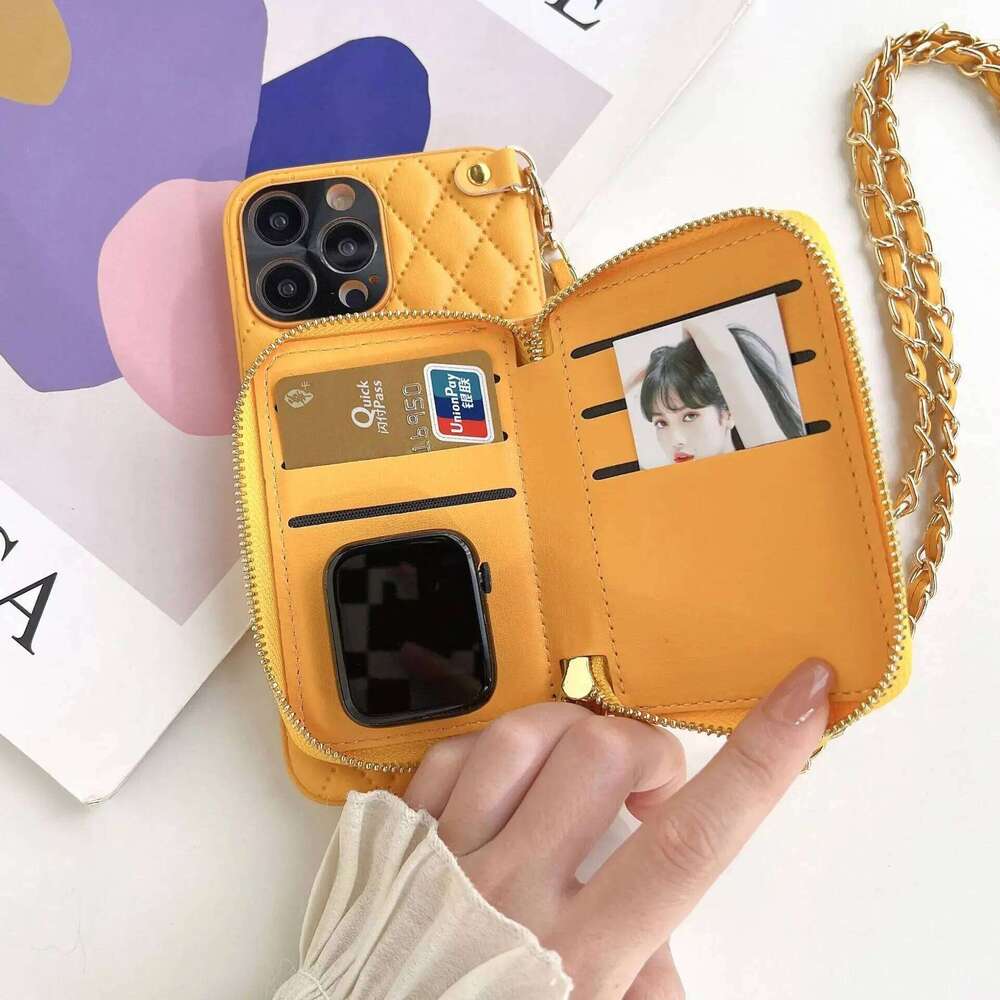 Crossbody Lanyard Strap Phone Case for IPhone 16 15 14 13 12 11 Pro Max Zipper Wallet Card Slot Holder Chain PU Leather Cover