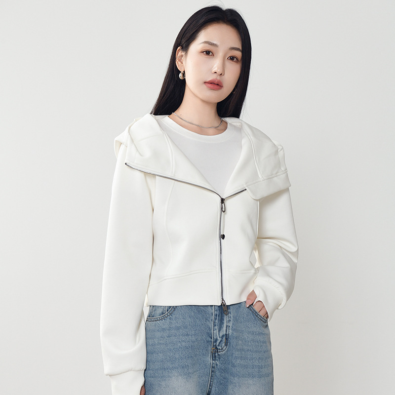 KO1659 Spring new high-end niche cotton hooded sweatshirt loose Korean short zipper cardigan