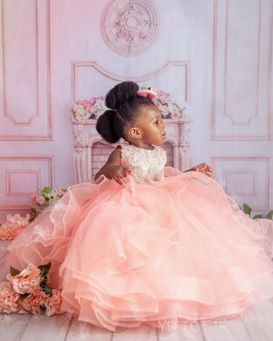 2025 Nude Pink Flower Girl Dresses Children Birthday Dress Illusion Sheer Neck Appliqued Beads Lace Rhinestones Tiered Tulle Princess Ball Gown For Ma