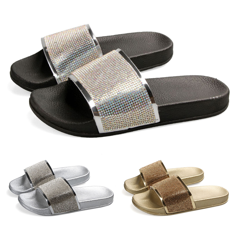 2025 designer slides womens sandals flats slippers soft-soled luxury fashion glitter diamond slipper women non-slip slide summer casual beach pool mul