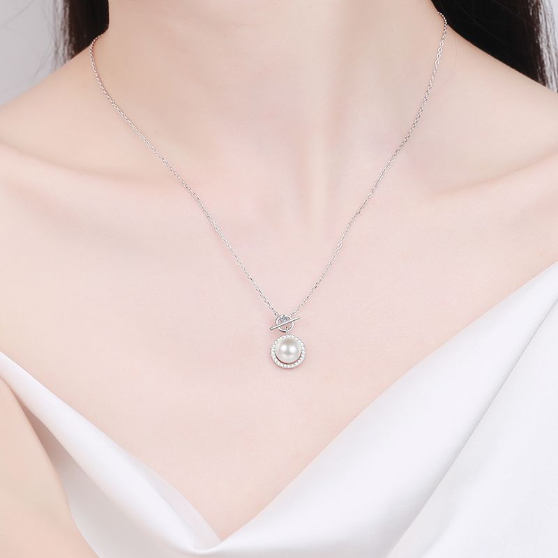 925 Sterling Silver Freshwater Pearl Moissanite Pendant Necklace with 9mm Flawless Pearl for Women, Lock Clasp Design, Elegant Jewelry Gift
