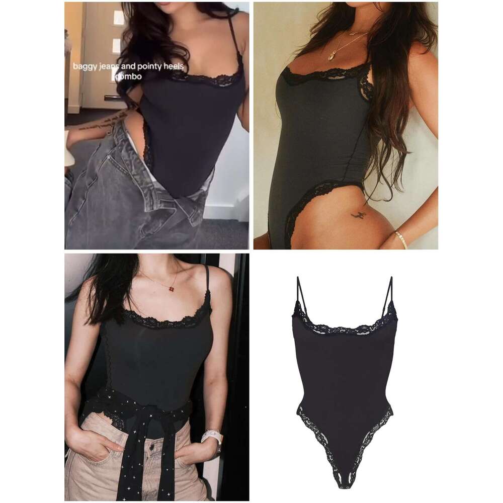 DHEssentials Lace Body Suit Square Neck Tops Sleeveless Spaghetti Strap Tank Top Bodysuits for Women Sexy Jumpsuit